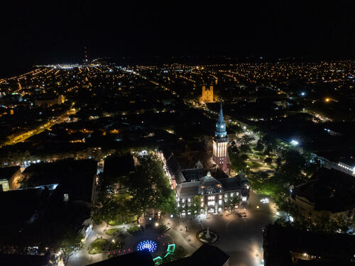 Subotica town hall farther away at night